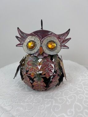 Decorative Metal Owl tealight in Rustic Red with Amber Eyes